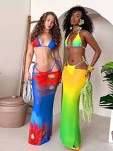Colorful Print Swimsuit Women 3 Piece Set Vacation Beach Style Bandage Bra+Briefs+Mesh Skirts Midnight Club Party Suit